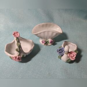 Lot Of 3 Porcelain Ceramic Baskets, & Swan For Trinkets White With Pink  Roses
